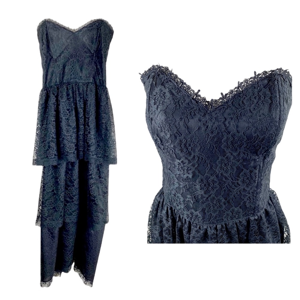 80s Jessica McClintock Strapless Tiered Lace Gown Medium